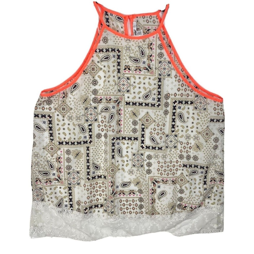 PAPAYA Womens L Halter Tank‎ Top Paisley Lace White Trim Orange Trim